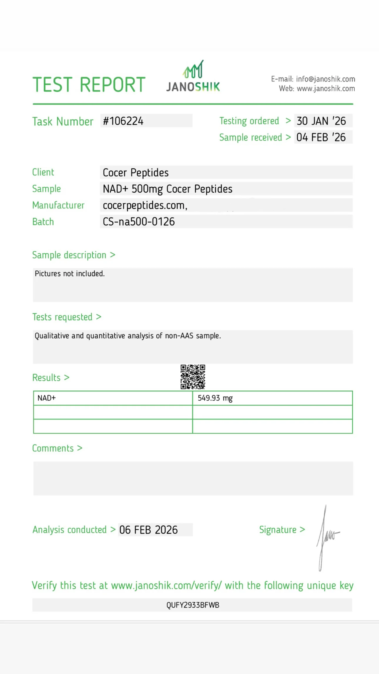 Certificate preview for NAD+, batch NA-2627