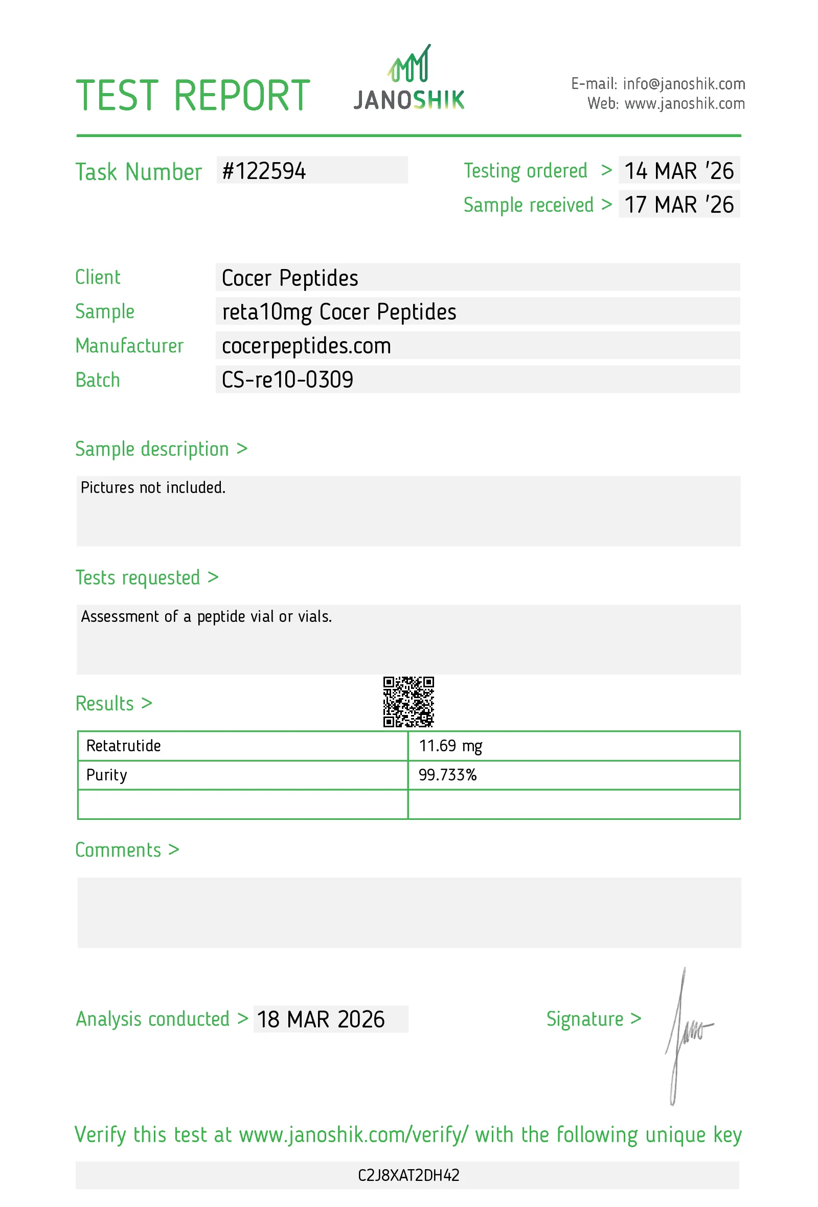 Certificate preview for Retatrutide (Reta), batch RT-2604