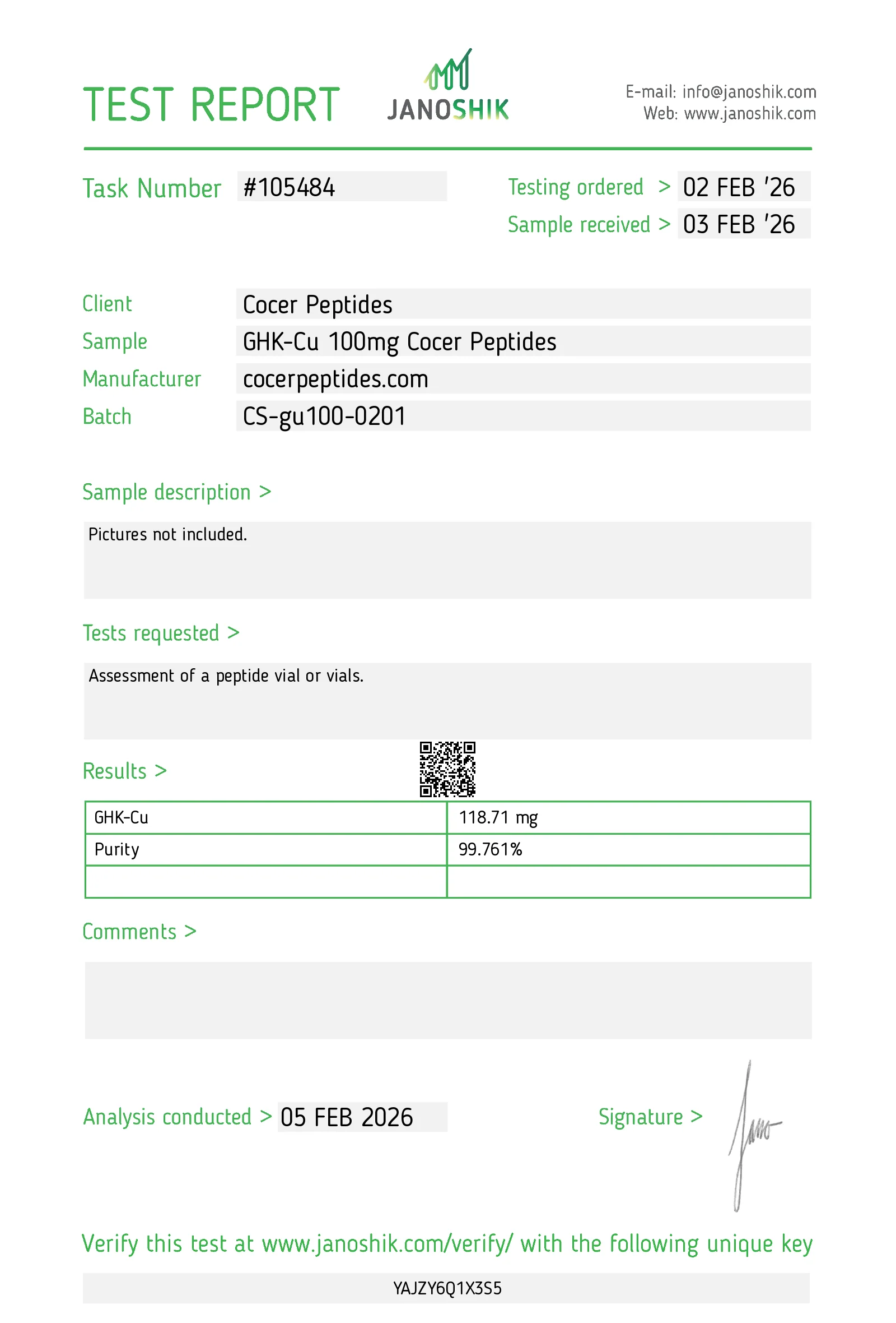 Certificate preview for GHK-Cu, batch GC-2640