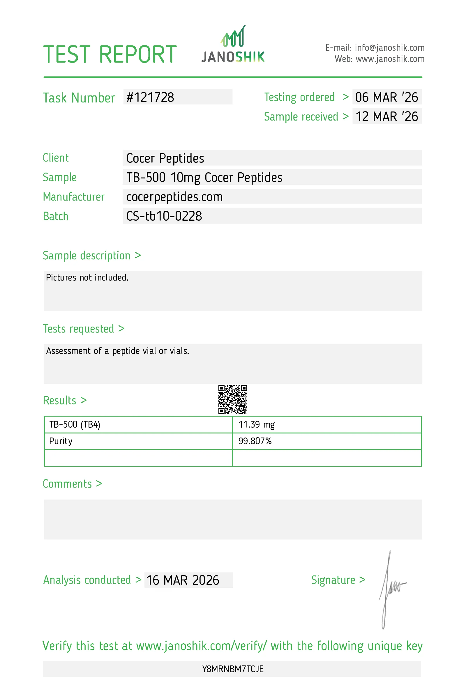 Certificate preview for TB-500, batch TB-2618